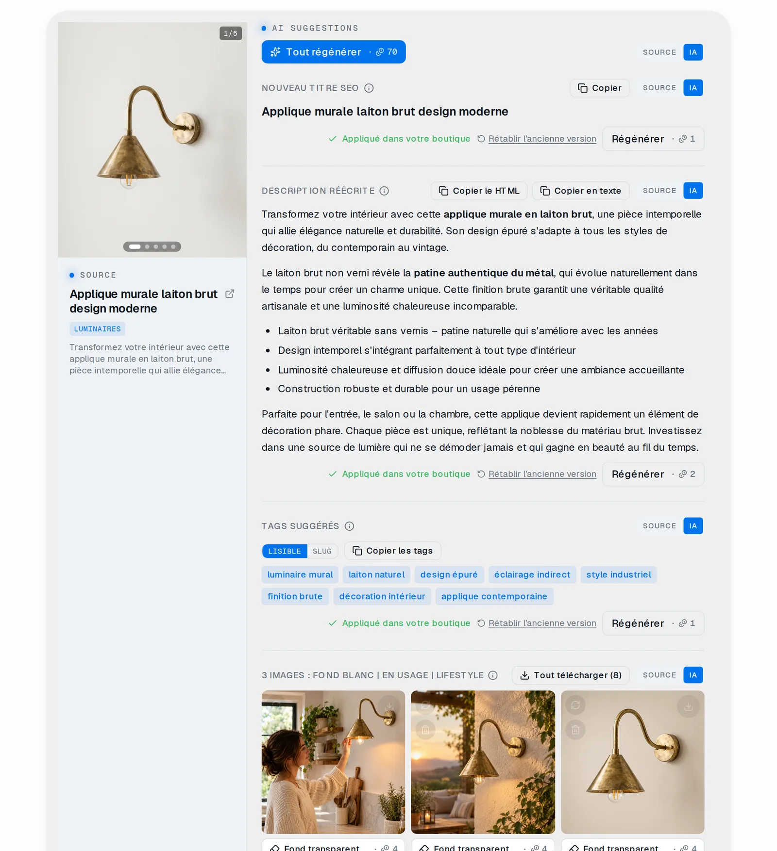 Product page in OneShopLab: the original page on the left, and on the right the AI-suggested title, description, tags and three images, each with its own apply button